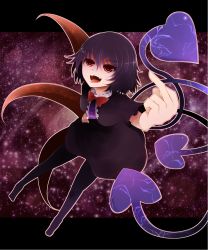 Rule 34 | 1girl, arano oki, asymmetrical wings, black dress, black pantyhose, bow, breasts, dress, highres, houjuu nue, letterboxed, middle finger, open mouth, outstretched arm, outstretched hand, pantyhose, purple hair, red eyes, short sleeves, smile, solo, space, tongue, tongue out, touhou, wings