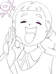 Rule 34 | 1girl, ^ ^, blunt bangs, braid, closed eyes, doughnut, food, greyscale, heart, highres, jasminka antonenko, lineart, little witch academia, mizukane, monochrome, sexually suggestive, simple background, sketch, solo, tagme, thought bubble, tongue, tongue out, twin braids, white background