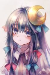 Rule 34 | 1girl, blue ribbon, commentary request, crescent, crescent hair ornament, dress, grey background, hair ornament, hair ribbon, highres, long hair, looking at viewer, maho moco, no headwear, patchouli knowledge, pink dress, purple eyes, purple hair, raised eyebrows, red ribbon, ribbon, solo, touhou, upper body
