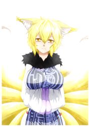Rule 34 | 1girl, animal ears, backlighting, blonde hair, breasts, dress, female focus, fox ears, fox tail, fur trim, hands in opposite sleeves, head tilt, highres, koumajou densetsu, koumajou densetsu 2, large breasts, light smile, long sleeves, looking at viewer, multiple tails, no headwear, no headwear, shirt, short hair, solo, tabard, tail, taut clothes, taut shirt, touhou, white dress, wide sleeves, yakumo ran, yellow eyes, yukigesyouhyouka, yuuki (yukigeshou hyouka)