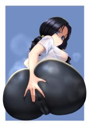 Rule 34 | 1girl, absurdres, anus, ass, ass grab, bike shorts, black hair, blue background, blue eyes, blush, breasts, cameltoe, cleft of venus, covered anus, dragonball z, fat mons, gaping, gaping anus, grabbing own ass, highres, huge ass, iceringer, looking back, nipples, see-through, see-through shirt, shirt, short sleeves, skin tight, solo, spandex, spread anus, spread anus under clothes, steam, transparent, videl, white shirt