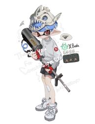 1boy black_shorts blue_hair commentary commission commissioner_name cross-laced_footwear e-liter_4k_(splatoon) grey_sweater gun highres holding holding_gun holding_weapon inkling inkling_boy inkling_player_character male_focus nintendo pointy_ears ranaharia_neko red_eyes shoes short_hair shorts simple_background solo splatoon_(series) splatoon_3 spoken_squiggle squiggle standing sweater tearing_up tentacle_hair thank_you turtleneck turtleneck_sweater watermark weapon white_background white_footwear