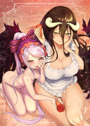 Rule 34 | 2girls, albedo (overlord), aokihoshi, apron, black hair, black wings, bow, breasts, cleavage, collarbone, demon girl, demon horns, demon wings, dress, feathered wings, feathers, hair between eyes, horns, ichigeki-kun, large breasts, long hair, low wings, multicolored background, multiple girls, naked apron, nude, orange background, overlord (maruyama), ponytail, red eyes, shalltear bloodfallen, silver hair, slit pupils, small breasts, smile, white dress, wings, yellow eyes