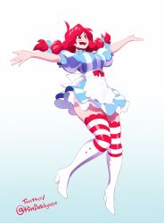 Rule 34 | 1girl, apron, boots, breasts, high heel boots, high heels, highres, red hair, striped clothes, striped thighhighs, thighhighs, twintails, wendy&#039;s, wendy (wendy&#039;s)