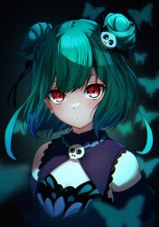 Rule 34 | 1girl, absurdres, bare shoulders, blue dress, blue hair, commentary, detached collar, double bun, dress, gradient hair, green hair, hair bun, hair ornament, hair ribbon, highres, hololive, looking at viewer, medium hair, mtoan, multicolored hair, red eyes, ribbon, sidelocks, skull brooch, skull hair ornament, solo, strapless, strapless dress, upper body, uruha rushia, virtual youtuber