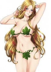 Rule 34 | 1girl, armpits, blonde hair, blue eyes, breasts, eva (record of ragnarok), eyebrows, hair ornament, holding, holding hair, leaf, leaf bikini, leaf hair ornament, long hair, medium breasts, navel, old, old woman, plant, simple background, smile, solo, vines, white background