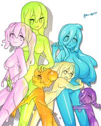 Rule 34 | 6+girls, :d, :o, akira (meltyhip), blue eyes, blue hair, blue sclera, blue skin, braid, breasts, closed mouth, colored sclera, colored skin, commission, flat chest, green eyes, green hair, green sclera, green skin, highres, hug, hug from behind, huge breasts, long hair, medium breasts, monster girl, multiple girls, open mouth, orange eyes, orange hair, orange sclera, orange skin, original, pink hair, pink sclera, pink skin, purple eyes, purple hair, purple sclera, purple skin, signature, skeb commission, slime girl, small breasts, smile