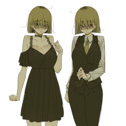 Rule 34 | 1girl, black collar, black pants, black vest, blonde hair, breasts, cleavage, collar, collarbone, collared shirt, commentary, english commentary, formal, gutalalaman, half-closed eyes, highres, large breasts, mole, mole on breast, multiple views, off shoulder, original, pants, shirt, short hair, suit, vest, white background, white shirt, yellow eyes