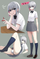Rule 34 | 1boy, absurdres, blue socks, bow, bowtie, bulge, closed mouth, commentary request, crossdressing, glasses, grey background, grey hair, hand on own cheek, hand on own face, highres, holding, holding pen, kneehighs, multicolored hair, open mouth, original, panties, pen, pink hair, pleated skirt, rearea 2020, reina ueda, shirt, shoes, short sleeves, skirt, socks, translation request, trap, two-tone hair, underwear, white legwear
