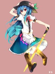 Rule 34 | 1girl, :q, amano kouki, blue hair, boots, full body, hand on headwear, hat, highres, hinanawi tenshi, holding, long hair, looking at viewer, red eyes, simple background, smile, solo, sword, sword of hisou, tongue, tongue out, touhou, v-shaped eyebrows, weapon