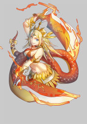 Rule 34 | 1girl, bangle, blonde hair, blue eyes, bow, bracelet, chelonia, choker, criss-cross halter, crown, dual wielding, echidna (p&amp;d), fire, halterneck, halterneck, holding, jewelry, lamia, long hair, midriff, monster girl, navel, puzzle &amp; dragons, ribbon, solo, sword, tail, tail ornament, tail ribbon, weapon