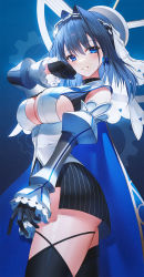 Rule 34 | 1girl, :d, black thighhighs, blue background, blue eyes, blue hair, blush, breasts, chain, cleavage, cowboy shot, detached sleeves, earrings, gears, gleam, gloves, hair intakes, hand on own face, headpiece, highres, hololive, hololive english, jewelry, kh (kh 1128), large breasts, looking at viewer, open mouth, ouro kronii, ouro kronii (1st costume), ribbon, short hair, sideboob, smile, solo, thighhighs, thighs, underboob, virtual youtuber