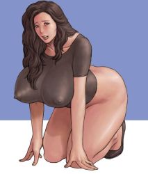 Rule 34 | 1girl, black hair, blush, bottomless, breasts, covered erect nipples, curvy, female focus, full body, kneeling, large breasts, legs, lipstick, long hair, makeup, mature female, nipples, see-through, simple background, solo, takasugi kou, thick thighs, thighs, wavy hair