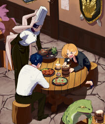 Rule 34 | &gt; &lt;, 1other, 2boys, 2girls, black jacket, black pants, blonde hair, blue hair, breasts, breath, candle, chainsaw man, chef, chef hat, extra arms, falling devil (chainsaw man), food, frogman, froth, hair over one eye, hat, highres, indoors, jacket, leaning forward, log, looking at another, medium breasts, medium hair, multiple boys, multiple girls, office lady, open mouth, original, pants, parted bangs, plate, restaurant, sekoshi (some1else45), shadow, shirt, short hair, sitting, some1else45, stone floor, table, teeth, upper teeth only, white shirt, wooden cup, wooden table