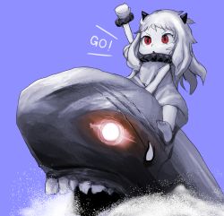 Rule 34 | 10s, 1girl, abyssal ship, bad id, bad pixiv id, barefoot, glowing, glowing eyes, hayake (chenran), highres, horns, i-class destroyer, kantai collection, long hair, mittens, monster, northern ocean princess, open mouth, pale skin, red eyes, solo, sweatdrop, white hair