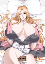 Rule 34 | 1girl, absurdres, bleach, breasts, breasts apart, convenient censoring, eyelashes, highres, huge breasts, jewelry, long hair, looking at viewer, matsumoto rangiku, mogi yasunobu, mole, mole under mouth, necklace, no panties, on bed, parted lips, pillow, solo