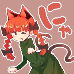 Rule 34 | 1girl, ;3, ;d, animal ears, blunt bangs, braid, cat ears, cat tail, dress, gomeifuku, green dress, kaenbyou rin, multiple tails, nekomata, one eye closed, open mouth, outline, paw pose, purple background, red hair, smile, solo, tail, touhou, twin braids, white outline