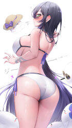 Rule 34 | 1girl, = =, absurdres, ass, back, bandaged wrist, bandages, bare shoulders, bikini, black hair, blush, blush stickers, bow, breasts, commentary request, flower, flying sweatdrops, from behind, heart, highres, hitodama, large breasts, long hair, looking at viewer, looking back, morros, original, purple bow, purple flower, revision, side-tie bikini bottom, sideboob, sideways glance, simple background, solo, sunglasses, swimsuit, very long hair, white background, white bikini