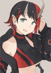 Rule 34 | 1girl, black hair, black jacket, black sports bra, blue eyes, blush, breasts, commentary request, demon girl, demon horns, ear chain, ear piercing, grey background, hanarito, hand in own hair, horns, jacket, large breasts, long sleeves, looking at viewer, multicolored hair, nanashi inc., open clothes, open jacket, open mouth, piercing, pointy ears, red hair, red sports bra, ryugasaki rene, ryugasaki rene (1st costume), short hair, simple background, solo, sports bra, sugar lyric, two-tone hair, two-tone sports bra, underboob, upper body, virtual youtuber, zipper