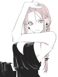 Rule 34 | 1girl, armpit crease, backless dress, backless outfit, black dress, braid, braided ponytail, breasts, chainsaw man, cleavage, dress, earrings, eyelashes, formal, hand to head, hand up, highres, jewelry, long hair, looking at viewer, makima (chainsaw man), monochrome, needbee r, red hair, ringed eyes, sidelocks, simple background, single braid, sleeveless, solo, white background