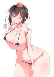 Rule 34 | 1girl, bikini, black hair, blush, body blush, breasts, brown eyes, curvy, finger to mouth, hat, highres, huge breasts, large breasts, micro bikini, navel, pom pom (clothes), shameimaru aya, shishi juuroku, short hair, shushing, solo, swimsuit, thick thighs, thighs, tokin hat, tongue, tongue out, touhou, wide hips