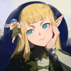 Rule 34 | 1girl, absurdres, blonde hair, blue eyes, braid, cloak, crying, dungeon meshi, elf, fairy, fairy (dungeon meshi), gorget, green cloak, hand on own face, head rest, highres, hood, hooded cloak, im (dorya9), long hair, long sleeves, looking at another, pattadol, pointy ears, shirt, wings