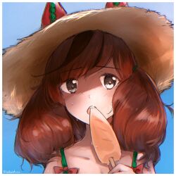 Rule 34 | 1girl, animal ears, balladeluce, blue background, border, brown eyes, carrot, collarbone, commentary request, ear covers, eating, food, hat, highres, horse ears, horse girl, looking at viewer, medium hair, multicolored hair, nice nature (umamusume), open mouth, popsicle, portrait, red hair, simple background, solo, streaked hair, sun hat, teeth, twintails, twitter username, umamusume, upper teeth only, white border