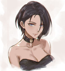 Rule 34 | 1girl, absurdres, asymmetrical hair, aztodio, bare shoulders, black hair, breasts, bustier, choker, cleavage, collarbone, fire emblem, fire emblem: three houses, grey eyes, highres, large breasts, looking at viewer, medium breasts, nintendo, shamir nevrand, simple background, smile, solo, upper body, white background