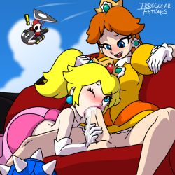 Rule 34 | !, 1boy, 1futa, 1girl, artist name, blonde hair, blue eyes, blush, bottomless, caught, clothes lift, clothes pull, cloud, crown, cum, cum in mouth, dress, dress lift, dress pull, earrings, elbow gloves, fellatio, flying, full-package futanari, futa with female, futanari, gloves, grabbing another&#039;s hair, happy sex, irregular fetishes, jewelry, kart, large penis, lipstick, long hair, makeup, mario (series), mario kart, nintendo, no panties, nose blush, one eye closed, open mouth, oral, orange hair, outdoors, penis, pink dress, pink lips, princess daisy, princess peach, shy guy, sitting, sky, smile, spiked shell, spikes, super mario bros. 1, super mario land, surprised, topless, uncensored, white gloves, yellow dress