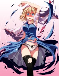 Rule 34 | 1girl, absurdres, alice margatroid, arm up, bad id, bad pixiv id, black thighhighs, blonde hair, blue dress, blue eyes, blush, breasts, cape, capelet, dress, exploding clothes, gradient background, highres, jewelry, looking at viewer, midriff, panties, puffy sleeves, ring, short sleeves, solo, surprised, thighhighs, torn cape, torn clothes, torn dress, torn panties, torn sleeves, torn thighhighs, touhou, tsukishiro saika, underwear, white panties