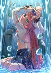 Rule 34 | 1girl, aqua eyes, arms up, back tattoo, bassa, blue nails, breasts, clothing cutout, fake horns, forehead jewel, from behind, genshin impact, gladiator sandals, harem outfit, highres, horns, long hair, looking at viewer, looking back, low twintails, nail polish, nilou (genshin impact), open mouth, red hair, sandals, shrug (clothing), sitting, small breasts, smile, solo, tattoo, twintails, veil, vision (genshin impact), wariza, water, water drop, waterfall, wet, wet clothes, wet hair