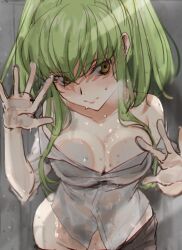 Rule 34 | 1girl, against glass, bare shoulders, black skirt, blush, breast press, breasts, breasts on glass, breath, c.c., cleavage, closed mouth, clothes pull, code geass, collarbone, commentary request, covered nipples, cowboy shot, creayus, crossed bangs, dress shirt, green hair, grey background, groin, hair between eyes, hair over breasts, hand on glass, large breasts, leaning forward, long hair, looking at viewer, no bra, off-shoulder shirt, off shoulder, partially unbuttoned, shirt, short sleeves, sidelocks, simple background, sketch, skirt, skirt pull, solo, standing, straight-on, wet, white shirt, yellow eyes
