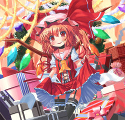 Rule 34 | 1girl, adapted costume, ascot, black panties, black thighhighs, blonde hair, christmas, christmas tree, clothes lift, embodiment of scarlet devil, female focus, flandre scarlet, garter straps, gift, hat, nail polish, navel, panties, patorishia, patricia (stylish marunage), ponytail, red eyes, red nails, ribbon, short hair, side ponytail, skirt, skirt lift, solo, thighhighs, touhou, underwear, wings, wrist cuffs