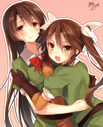 Rule 34 | 10s, 2girls, :d, brown eyes, brown hair, chikuma (kancolle), hair ribbon, hug, kantai collection, long hair, looking at viewer, multiple girls, one-hour drawing challenge, open mouth, personification, ribbon, signature, smile, tone (kancolle), toosaka asagi, twintails