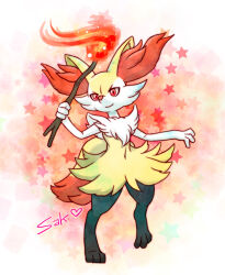 Rule 34 | 1girl, animal ear fluff, animal ears, animal feet, animal hands, artist name, black fur, body fur, braixen, closed mouth, creatures (company), female focus, fire, flat chest, fox ears, fox girl, fox tail, full body, furry, furry female, game freak, gen 6 pokemon, hand up, happy, heart, highres, holding, holding stick, leg up, looking afar, multicolored fur, navel, neck fur, nintendo, pokemon, pokemon (creature), red eyes, saki1008, signature, smile, solo, standing, standing on one leg, star (symbol), starry background, stick, stomach, tail, v-shaped eyebrows, white fur, yellow fur