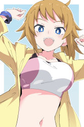 Rule 34 | 1girl, :d, blue background, blue eyes, breasts, bright pupils, brown hair, collarbone, commentary, gundam, gundam build fighters, gundam build fighters try, hands up, hoshino fumina, ixy, large breasts, looking at viewer, navel, open mouth, short hair, smile, solo, teeth, two-tone background, upper teeth only, white background, white pupils