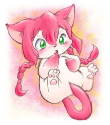 Rule 34 | 1girl, animal ears, artist request, cat, cat busters, cat ears, cat tail, female focus, green eyes, long hair, neko hakase (cat busters), no humans, pink hair, solo, tail