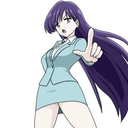 Rule 34 | 1girl, blue jacket, blue skirt, breasts, business suit, commentary, dodo (yad-ddi), formal, hand on own hip, highres, jacket, large breasts, long hair, looking at viewer, office lady, open mouth, pointing, pointing at viewer, purple eyes, purple hair, shirt, simple background, skirt, solo, suit, very long hair, white background, white shirt, yamada tae, zombie land saga, zombie land saga gaiden