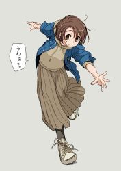 Rule 34 | 1girl, azumaya toushirou, brown eyes, brown hair, brown hoodie, brown skirt, commentary request, converse, cowlick, denim, denim jacket, full body, grey background, highres, hood, hoodie, jacket, leaning forward, long skirt, looking at viewer, open clothes, open jacket, open mouth, original, outstretched arm, pleated skirt, shoes, short hair, simple background, skirt, sneakers, solo, speech bubble, standing, standing on one leg, teeth, translation request, watch, wristwatch