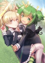 Rule 34 | 2girls, andou tazusa, assault lily, black cat, blonde hair, cat, girl on top, grass, green eyes, green hair, highres, looking at viewer, lying on person, mimkai, multiple girls, open mouth, red eyes, school uniform, shaft (company), short hair, smile, striped clothes, striped thighhighs, thighhighs, white thighhighs, yoshimura thi mai, yuri, yurigaoka girls academy school uniform