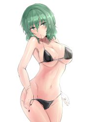 Rule 34 | 1girl, bare arms, bare shoulders, bikini, bikini in mouth, bikini pull, black bikini, black nails, blush, breasts, clothes in mouth, clothes pull, commentary request, cowboy shot, green eyes, green hair, groin, hair between eyes, head tilt, highres, kazami yuuka, large breasts, mouth hold, nail polish, navel, shiny skin, short hair, simple background, solo, standing, stomach, swimsuit, thighs, touhou, white background, y2