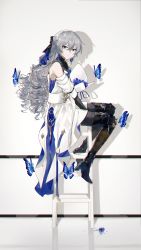 Rule 34 | 1girl, absurdres, bad id, bad lofter id, bare shoulders, black pantyhose, blue butterfly, blue flower, boots, bouquet, bronya rand, bug, butterfly, dress, drill hair, earrings, flower, full body, grey eyes, grey hair, highres, holding, holding bouquet, honkai: star rail, honkai (series), insect, jewelry, long hair, looking at viewer, looking to the side, pantyhose, qqqne, sitting, solo, thigh boots, thighhighs, twin drills, white dress, white sleeves