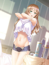 Rule 34 | 1girl, absurdres, bed, black panties, blurry, blurry foreground, boyshort panties, brown hair, christine von gauss, commentary, cowboy shot, day, depth of field, green eyes, groin, hair down, highres, indoors, kannatsuki noboru, lifting own clothes, long hair, looking at viewer, magical explorer, navel, nightgown, nightgown lift, panties, sleeveless, solo, standing, underwear, white nightgown