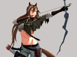 Rule 34 | 1girl, absurdres, animal ears, arknights, arrow (projectile), belt, black belt, black gloves, bow (weapon), brown hair, capelet, commentary request, cowboy shot, crop top, drawing bow, gloves, green eyes, grey background, grey capelet, grey shirt, hair between eyes, highres, holding, holding arrow, holding bow (weapon), holding weapon, long hair, long sleeves, meteor (arknights), midriff, navel, parted lips, pointing, pouch, shirt, simple background, solo, standing, stomach, tail, vambraces, very long hair, weapon, yakupan