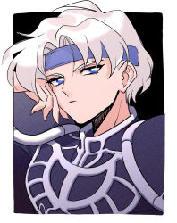 Rule 34 | 1990s (style), 1boy, armor, black background, blue eyes, blue headband, bright pupils, closed mouth, expressionless, film grain, hand on own cheek, hand on own face, headband, highres, koma 0235, looking at viewer, looking to the side, madou monogatari, male focus, outside border, parted hair, pauldrons, puyopuyo, retro artstyle, schezo wegey, short hair, shoulder armor, simple background, solo, white hair, white pupils