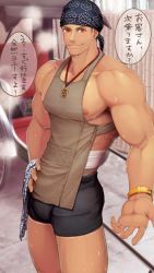 Rule 34 | 1boy, apron, armpit hair, armpits, bandages, bara, biceps, blurry, blush, cart, ear piercing, facial hair, hand on own hip, headband, highres, jewelry, looking at viewer, male focus, manly, meisho hanten, muscular, muscular male, necklace, nipples, original, outdoors, pectorals, piercing, red eyes, shorts, sideburns, sidepec, smile, solo, speech bubble, steam, stubble, sweat, sweatdrop, thick arms, watch, wet
