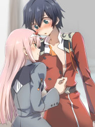 Rule 34 | 10s, 1boy, 1girl, :o, aqua eyes, assisted exposure, black hair, blush, cosplay, costume switch, couple, crossdressing, darling in the franxx, dress, eye contact, hair between eyes, herozu (xxhrd), hiro (darling in the franxx), hiro (darling in the franxx) (cosplay), horns, long hair, long sleeves, looking at another, military, military uniform, nose blush, pink hair, red dress, smile, undressing, uniform, unzipping, zero two (darling in the franxx), zero two (darling in the franxx) (cosplay)