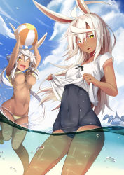 Rule 34 | 2girls, absurdres, ahoge, animal ears, ball, beachball, bikini, black one-piece swimsuit, blue sky, blush, breasts, cleavage, clothes lift, cloud, cloudy sky, covered erect nipples, covered navel, day, green eyes, hair between eyes, highres, hip focus, holding, holding ball, lifting own clothes, long hair, looking at viewer, medium breasts, micro bikini, multiple girls, navel, ocean, one-piece swimsuit, open mouth, original, outdoors, partially underwater shot, rabbit ears, school swimsuit, shirt, shirt lift, short hair with long locks, short sleeves, sidelocks, sky, small breasts, smile, striped bikini, striped clothes, swimsuit, tan, thighs, underboob, v-neck, wading, white hair, white shirt, yellow bikini, yellow eyes, zelitto
