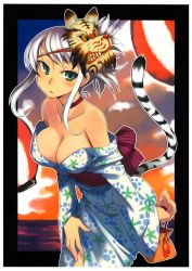 Rule 34 | 1girl, absurdres, bare shoulders, breasts, choker, cleavage, downblouse, green eyes, highres, huge filesize, japanese clothes, kimono, kusanagi tonbo, lantern, large breasts, leaning forward, mask, obi, off shoulder, original, paper lantern, parted lips, pouch, sash, scan, silver hair, solo, tail, tiger tail, yukata