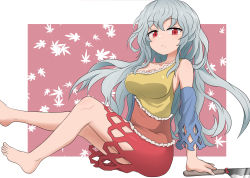 Rule 34 | 1girl, :&lt;, bare legs, bare shoulders, barefoot, blush, breasts, chups, closed mouth, collarbone, detached sleeves, dress, foot out of frame, full body, highres, holding, large breasts, long hair, long sleeves, multicolored clothes, multicolored dress, red eyes, sakata nemuno, single strap, sitting, solo, toes, touhou, wavy hair